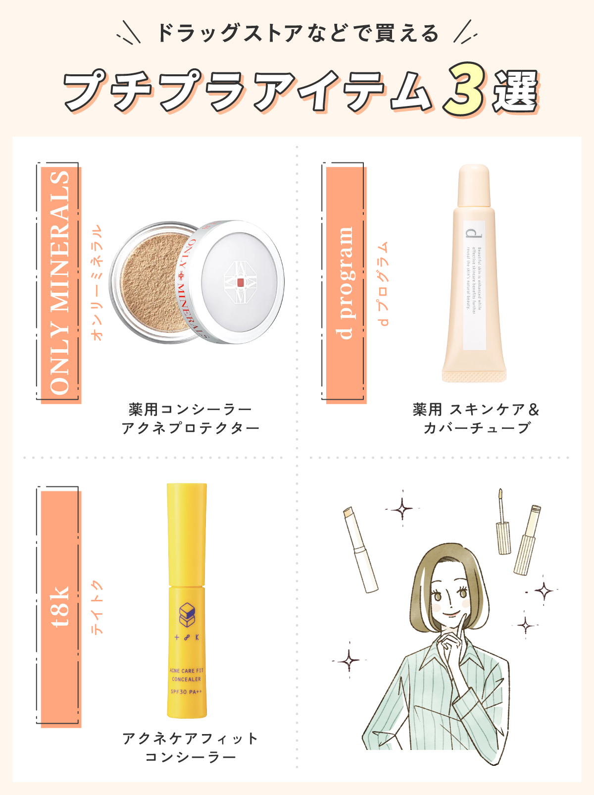 ドラッグストアなどで買えるプチプラアイテム3選。ONLY MINERALS（オンリーミネラル）薬用コンシーラー アクネプロテクター・d program（d プログラム）薬用 スキンケア＆カバーチューブ・t8k（テイトク）アクネケアフィットコンシーラー。