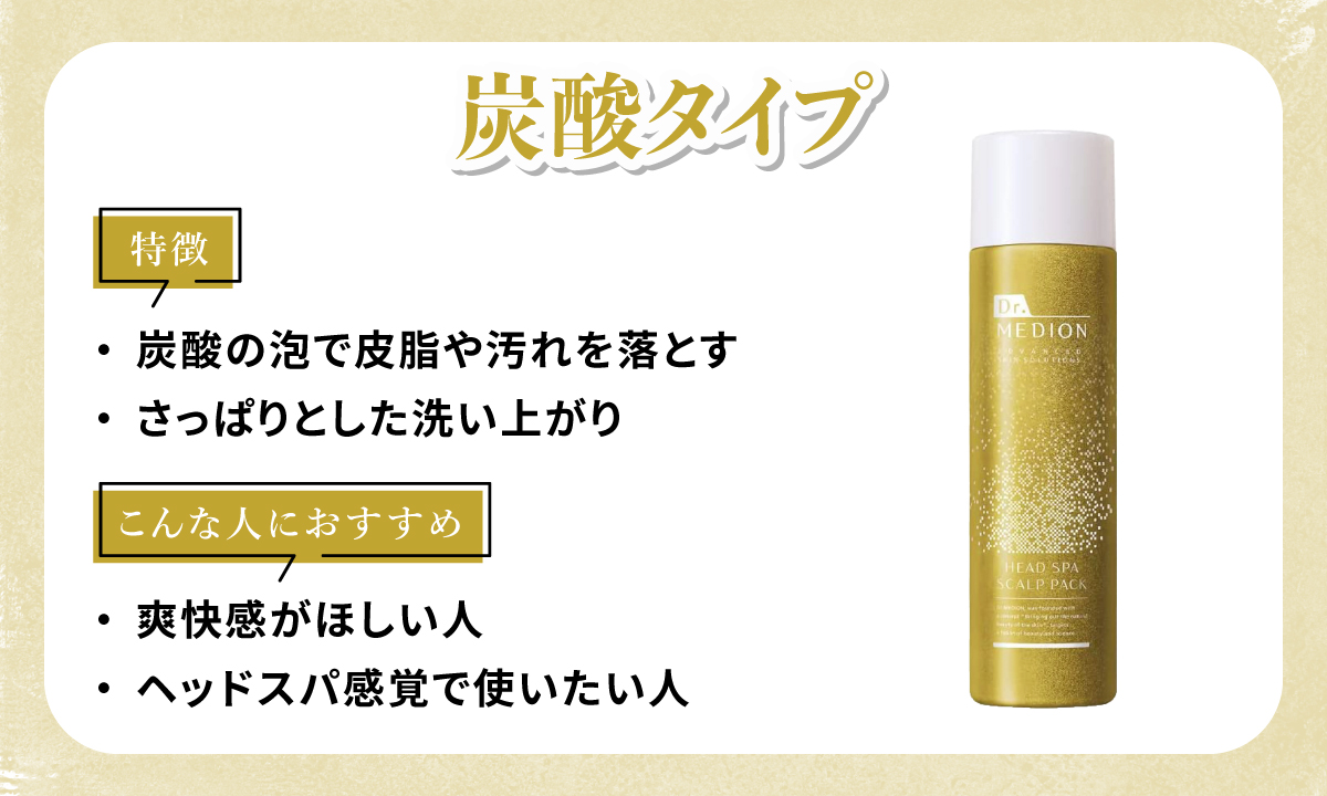 炭酸タイプは炭酸の泡で皮脂や汚れを落としさっぱりとした洗い上がりなのが特徴。爽快感がほしい人・ヘッドスパ感覚で使いたい人におすすめ。