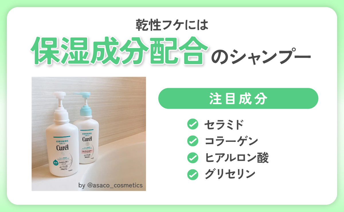 乾性フケには保湿成分配合のシャンプーがおすすめ。注目成分はセラミド・コラーゲン・ヒアルロン酸・グリセリン。