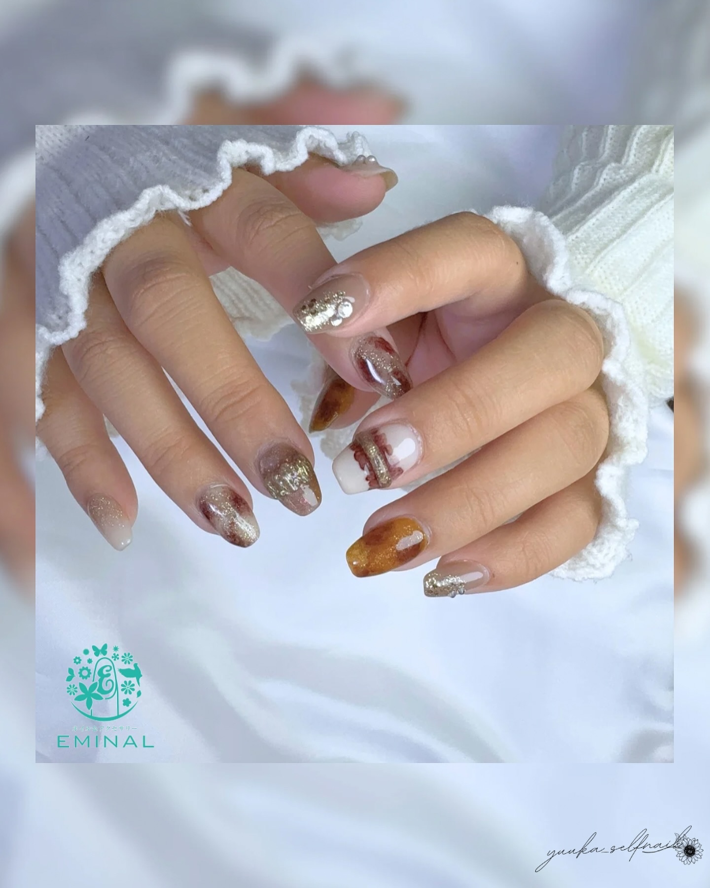 #秋ネイル,#ブラウンネイル,#オータムネイル,#べっ甲ネイル,#ホワイトべっ甲ネイル,#白べっ甲ネイル,#一癖ネイル,#ニュアンスネイルのネイルデザイン