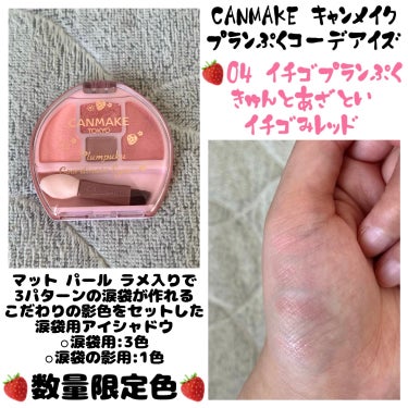 🌷CANMAKE キャンメイク
  　プランぷくコーデアイズ
　  ＊04 イチゴプランぷく 限定色


マット パール ラメ入りで
3パターンの涙袋が作れる

こだわりの影色をセットした
涙袋用アイシ