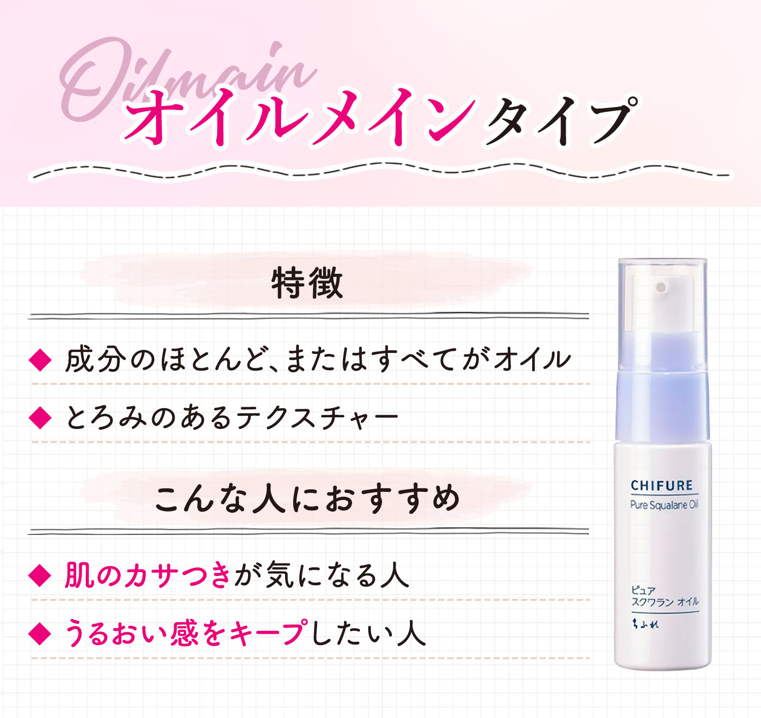 オイルメインタイプは成分のほとんど、またはすべてがオイルでとろみのあるテクスチャーが特徴。肌のカサつきが気になる人やうるおい感をキープしたい人におすすめ。