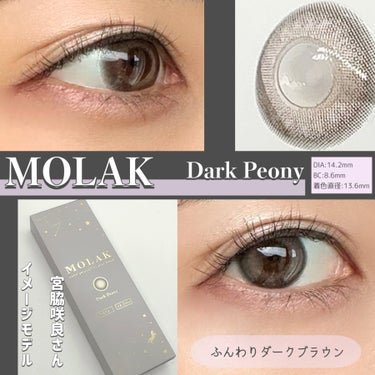 【MOLAK】
Dark Peony

1day 
DIA:14.2mm
BC:8.6mm 
着色直径:13.6mm

くすみダークブラウンカラーにくりっとフチの絶妙バランス。シーンを選ばず使いやすい、