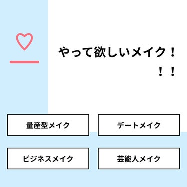 【質問】
やって欲しいメイク！！！

【回答】
・量産型メイク ：33.3%
・デートメイク：33.3%
・ビジネスメイク：0.0%
・芸能人メイク：33.3%

#みんなに質問

==========