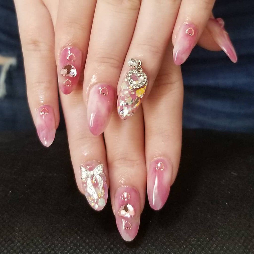 #ネイル,#ジェルネイル,#ピンクネイル,#キラキラネイル,#リボンネイル,#マーブルネイルのネイルデザイン