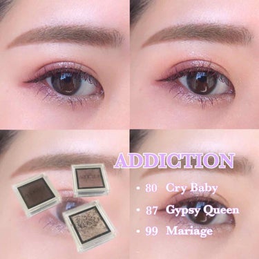 ❤︎ADDICTION❤︎

【手順】
①アイホール全体にのせる
　下瞼にも黒目の外側から目尻にかけてのせる
②黒目の中心から目尻にかけてアイライナーに沿ってのせる （この時太くならないようにする）
　