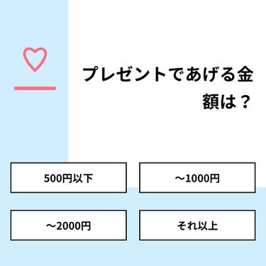 【質問】
プレゼントであげる金額は？

【回答】
・500円以下：6.7%
・〜1000円：26.7%
・〜2000円：40.0%
・それ以上：26.7%

#みんなに質問

=============