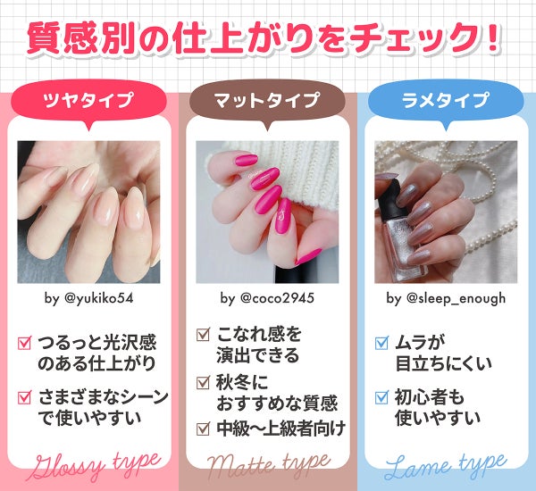 質感別の仕上がりをチェック!ツヤタイプはつるっと光沢感のある仕上がりで、さまざまなシーンで使いやすい。マットタイプはこなれ感を演出でき、秋冬におすすめな質感で中級~上級者向け。ラメタイプはムラが目立ちにくく初心者も使いやすい。