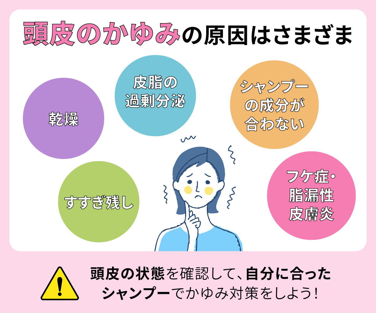 頭皮のかゆみの原因は乾燥・すすぎ残し・シャンプーの成分が合わない・皮脂の過剰分泌・フケ症・脂漏性皮膚炎などさまざま。頭皮の状態を確認して、自分に合ったシャンプーでかゆみ対策をしよう！