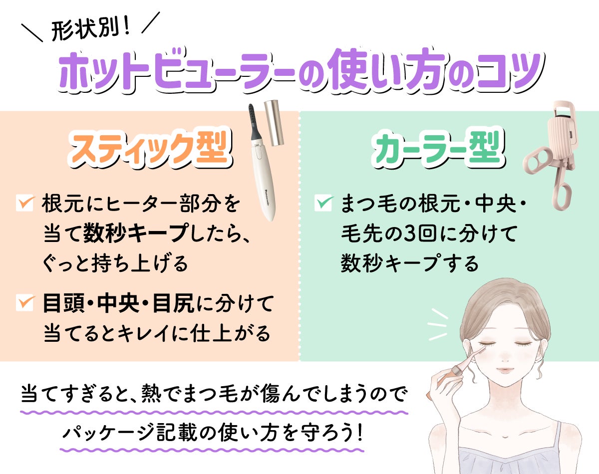 形状別!ホットビューラーの使い方のコツ。スティック型は根元にヒーター部分を当て数秒キープしたら、ぐっと持ち上げる。目頭・中央・目尻に分けて当てるとキレイに仕上がる。カーラー型はまつ毛の根元・中央・毛先の3回に分けて数秒キープする。当てすぎると、熱でまつ毛が傷んでしまうのでパッケージ記載の使い方を守ろう!