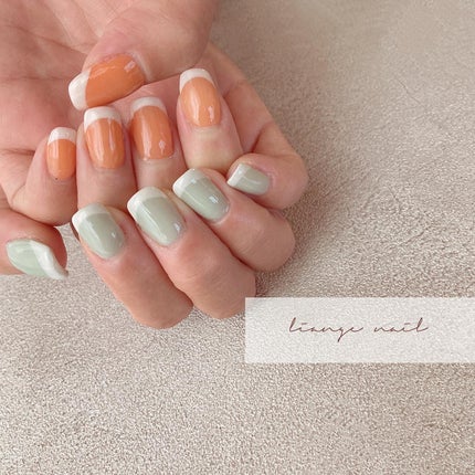 #リアンジェネイル,#柏ネイル,#ネイル,#フレンチネイル,#春ネイル,#ピスタチオネイル,#オレンジネイル,#アシメネイルのネイルデザイン