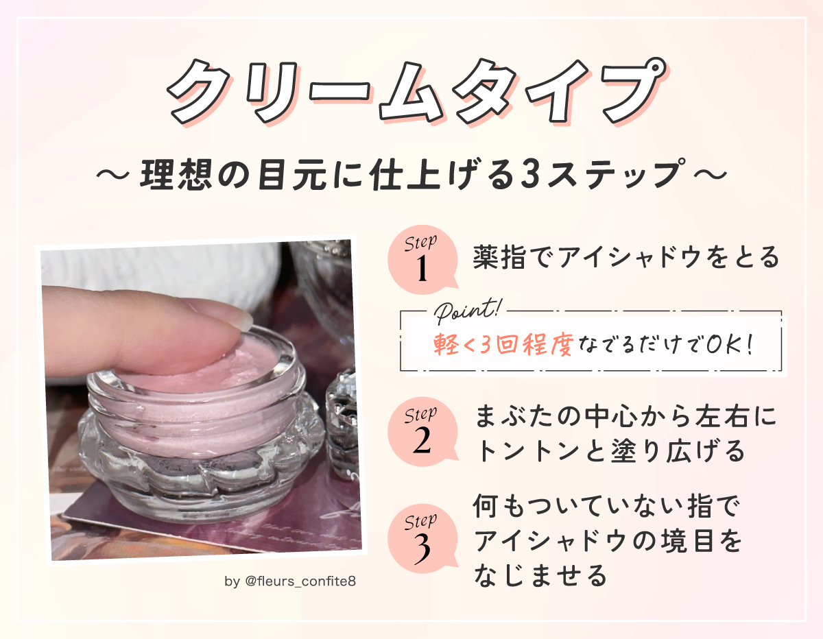 クリームタイプの理想の目元に仕上げる3ステップ。薬指で軽く3回程度なでるようにしてアイシャドウをとる。まぶたの中心から左右にトントンと塗り広げる。何もついていない指でアイシャドウをの境目をなじませる。