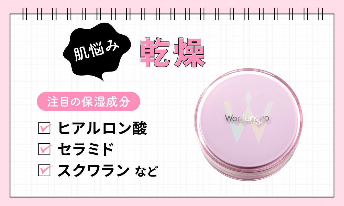 乾燥による肌悩みがある人におすすめの注目の保湿成分は、ヒアルロン酸・セラミド・スクワランなど。