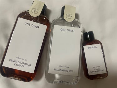 【使った商品】
ONE THING　ツボクサ化粧水　150ml
ナイアシンアミド化粧水　150ml
カワラヨモギ化粧水　40ml


【テクスチャ】
それぞれ少しずつ違いはあるけどとろみが少ない
水に近