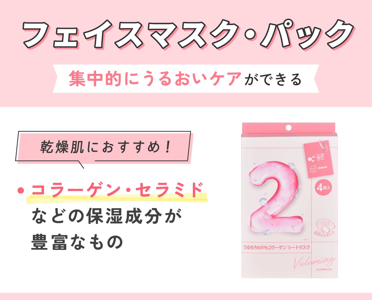 フェイスマスク・パックは集中的にうるおいケアができる。コラーゲン・セラミドなどの保湿成分が豊富なものが乾燥肌におすすめ!