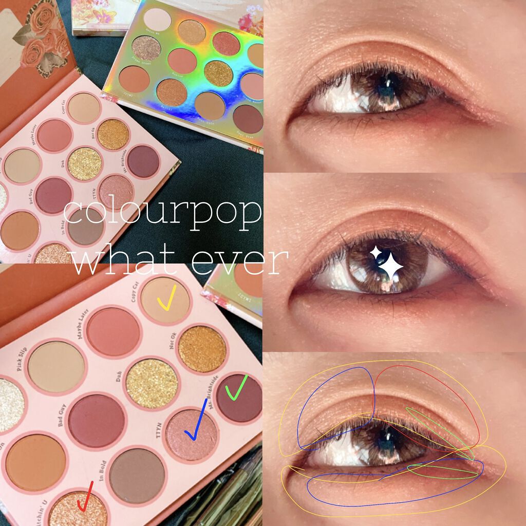 🙆‍♀️ColourPop  whatever


今日のメイク忘備録。
やっぱり秋の色似合わないなー
なるべく赤みの少なめな色を
組み合わせてるつもり……

でも下段右から２番目の色が
可愛くてやたら使ってしまう😌


 #BESTプ