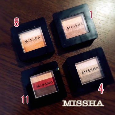 MISSHA
トリプルアイシャドウ

某サイトで4色購入しました！
今回購入したのは、

1番：ブラウニーピンク
4番：チョコレートブラウン
8番：オレンジパレード
11番：レッドオンブレ

の4色です