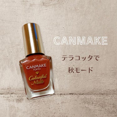 CANMAKE
カラフルネイルズ
N14 レディテラコッタ


秋らしいネイルを探している時に目についたのがこの色。
写真より実物はもう少しブラウンよりで単色でもオシャレで、どこか色気も帯びる秀逸カラー