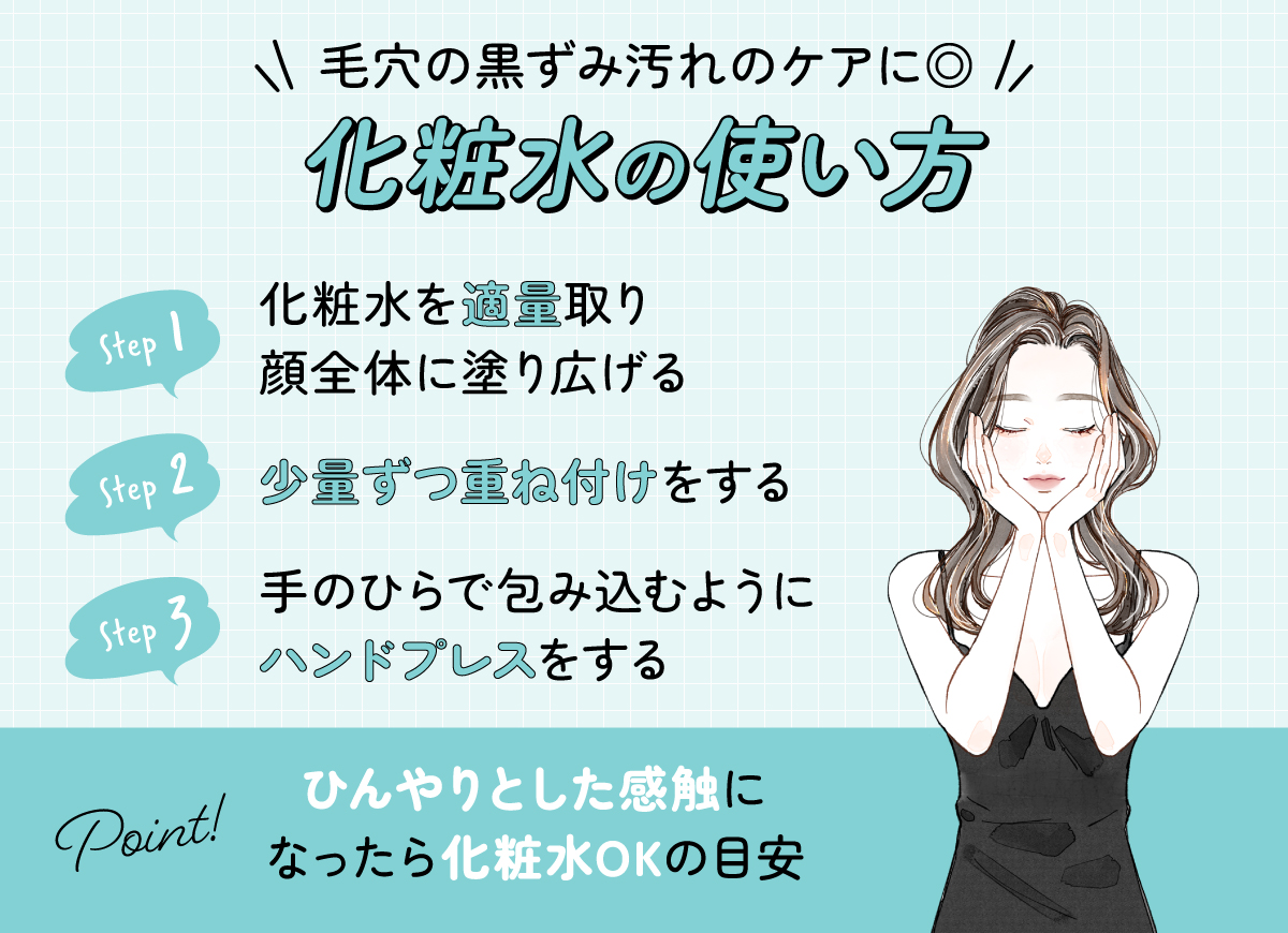 毛穴の黒ずみ汚れのケアに◎化粧水の使い方。化粧水を適量取り顔全体に塗り広げる。少量ずつ重ね付けをして手のひらで包み込むようにハンドプレスをする。ひんやりとした感触になったら化粧水OKの目安。
