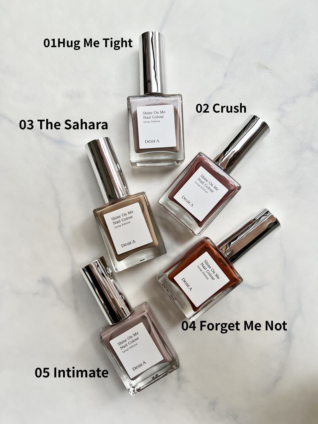 
ドクターエルシアさんから新しく出たコスメライン
【Dear A】Shine On Me Nail Colour
ネイルポリッシュが発売✎*。
全部で5種類𓈒 𓂂𓏸
01Hug Me Tight 
02 Crush 
03 The S