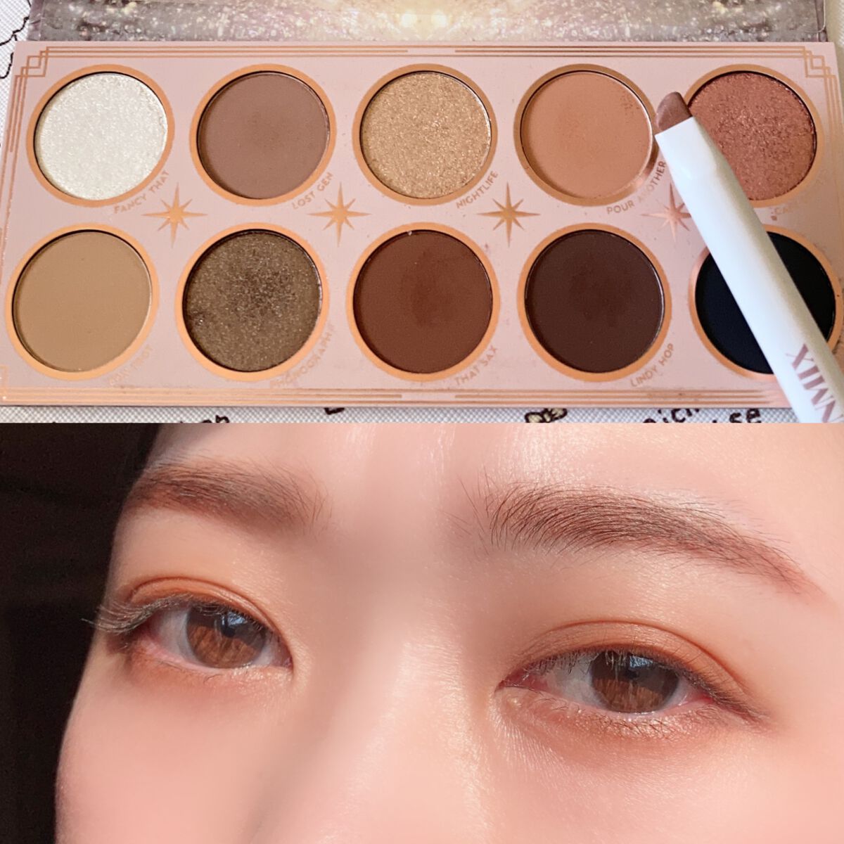 🙆‍♀️UNMIX  コーヒービーン
🙆‍♀️カラポ　ROARING HEARTS

普段ブラウンメイクしないしラメ盛り女ですが、
カラポのラメ無しカラーだけ使ったよ！
なんか顔の険しいバージョンの画像３枚目の
💕つけてるカラーです。