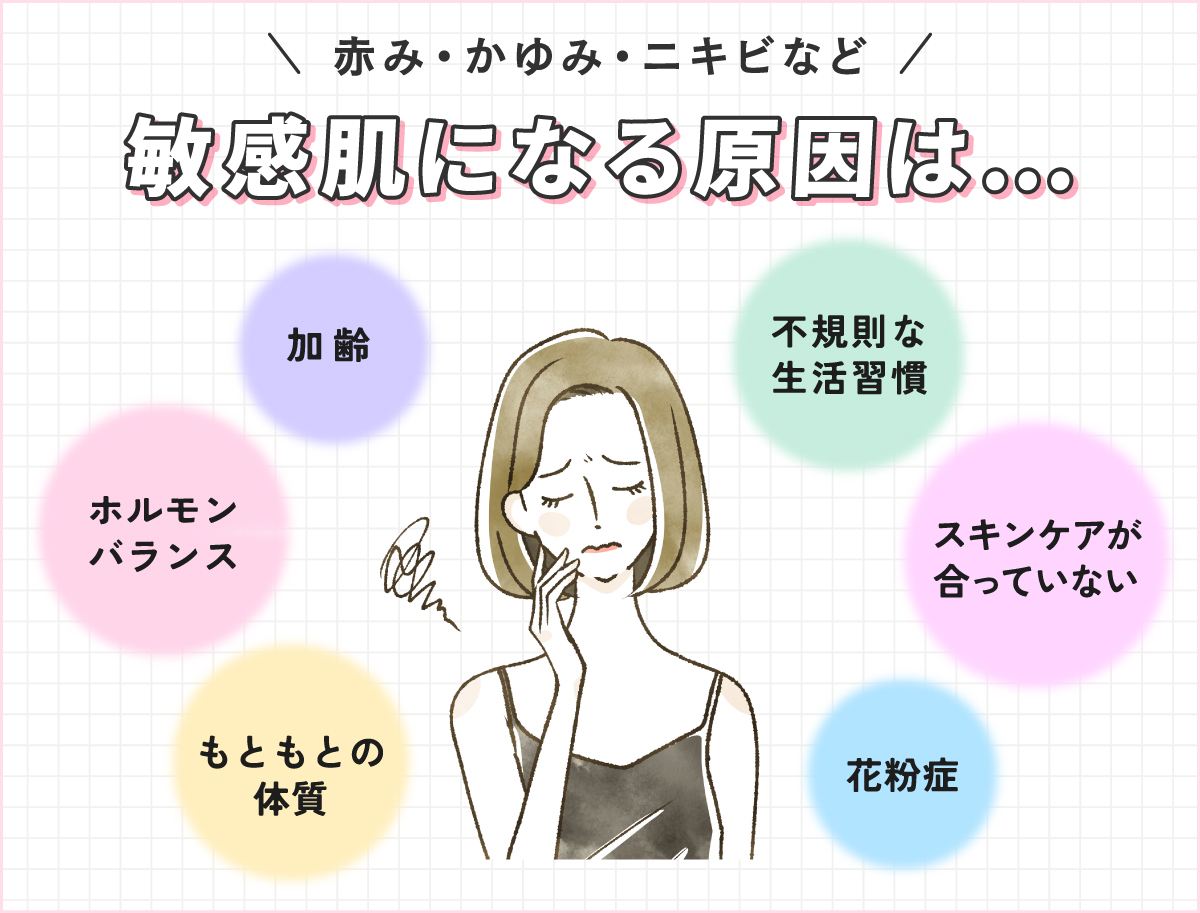 赤み・かゆみ・ニキビなど敏感肌になる原因は加齢・ホルモンバランス・もともとの体質・不規則な生活習慣・スキンケアが合っていない・花粉症などです。