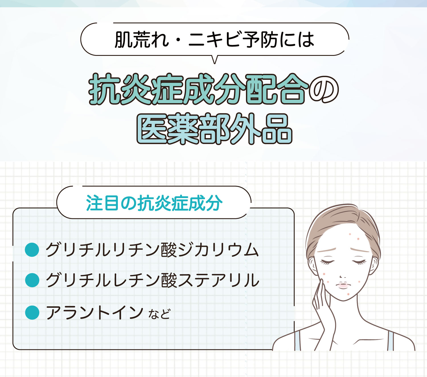 肌荒れ・ニキビ予防には抗炎症成分配合の医薬部外品。注目の抗炎症成分はグリチルリチン酸ジカリウム・グリチルレチン酸ステアリル・アラントインなどです。