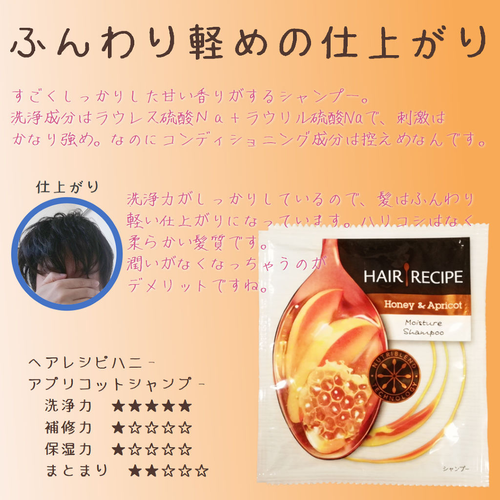 ハニーアプリコット エンリッチ モイスチャー レシピ /HAIR RECIPE/市販シャンプーを使ったクチコミ（1枚目）