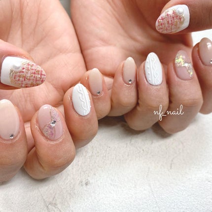 #ネイル,#ジェルネイル,#ニュアンスネイル,#キラキラネイル,#大人ネイル,#秋ネイル,#冬ネイル,#ツイードネイル,#リボンネイル,#ピンクネイル,#ニットネイルのネイルデザイン