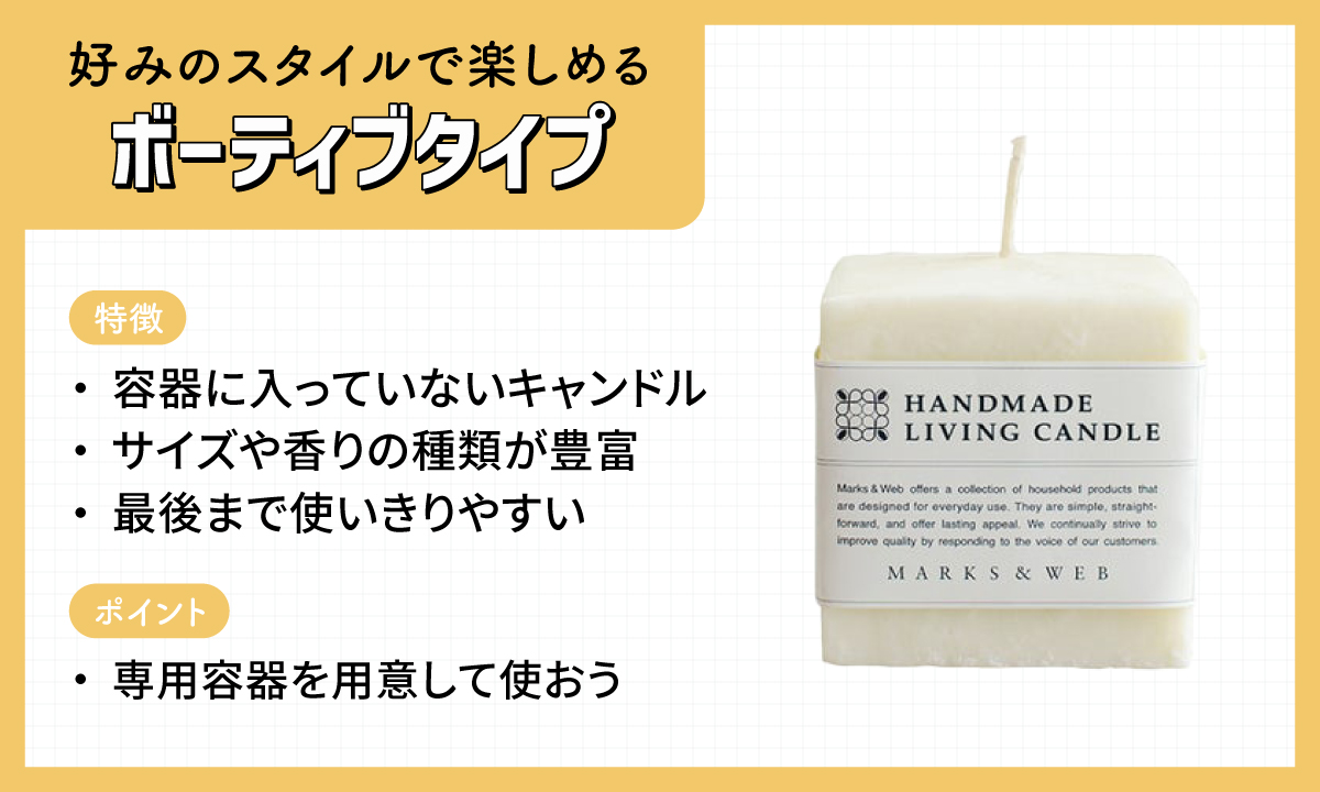 好みのスタイルで楽しめるボーティブタイプの特徴。容器に入っていないキャンドルで、サイズや香りの種類が豊富。最後まで使いきりやすい。ポイントは専用容器を用意して使おう。