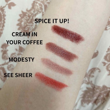 お気に入りMAC4選💄✨

★リップスティック/M•A•C

SPICE IT UP!
CREAM IN YOUR COFFEE
MODESTY
SEE SHEER

※実際はスウォッチよりもうちょっと