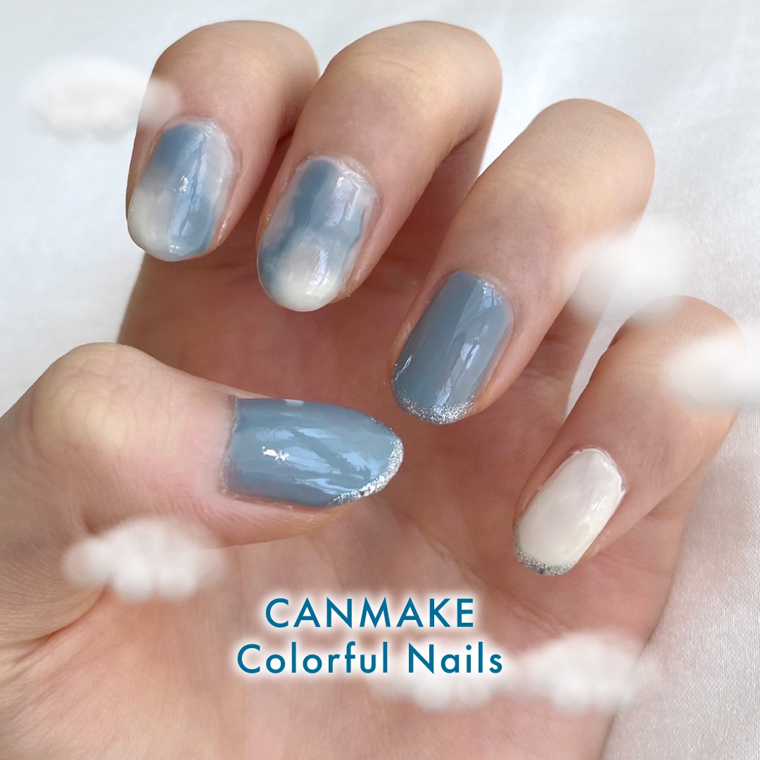 今週のネイル紹介🥣

親指と薬指はキャンメイクのN28を二度塗りして、先にネイルホリックのシルバーラメ（SV082）を塗りました

シルバーのラメは筆が細いので塗りやすいです！

マーブルみたいなやつはキャンメイクの白を一度塗ったあとに水