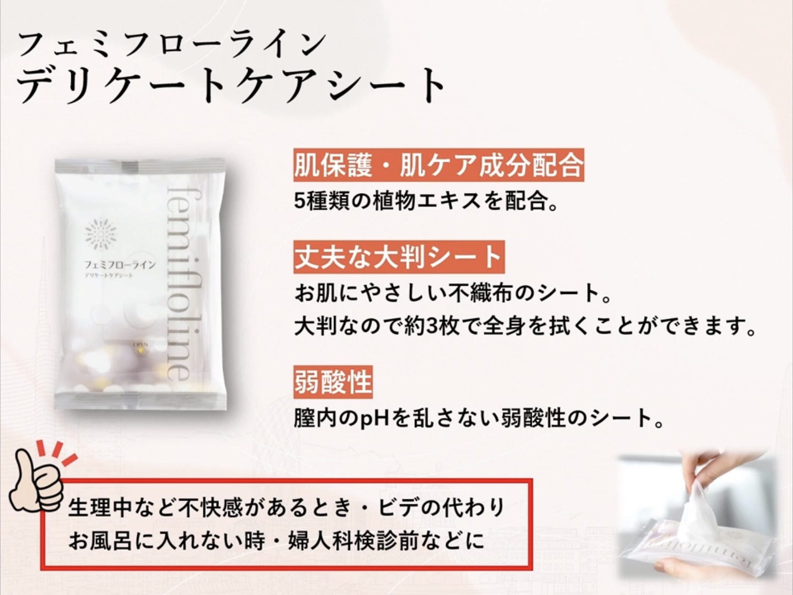 フェミフローライン　デリケートケアシート/わかもと製薬/デリケートゾーンケアを使ったクチコミ（2枚目）