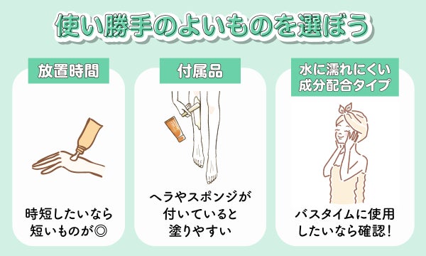 使い勝手のよいものを選ぼう。放置時間は、時短したいなら短いものがよい。ヘラやスポンジといった付属品が付いていると塗りやすい。水に濡れにくい成分配合タイプは、バスタイムに使用したいなら確認!