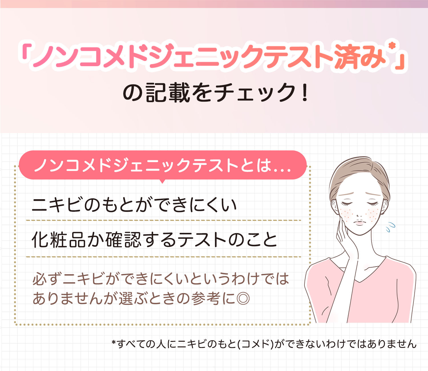 「ノンコメドジェニックテスト済み*」の記載をチェック！ノンコメドジェニックテストとはニキビのもとができにくい化粧品か確認するテストのこと。必ずニキビができにくいというわけではありませんが選ぶときの参考に◎。*すべての人にニキビのもと（コメド）ができないわけではありません