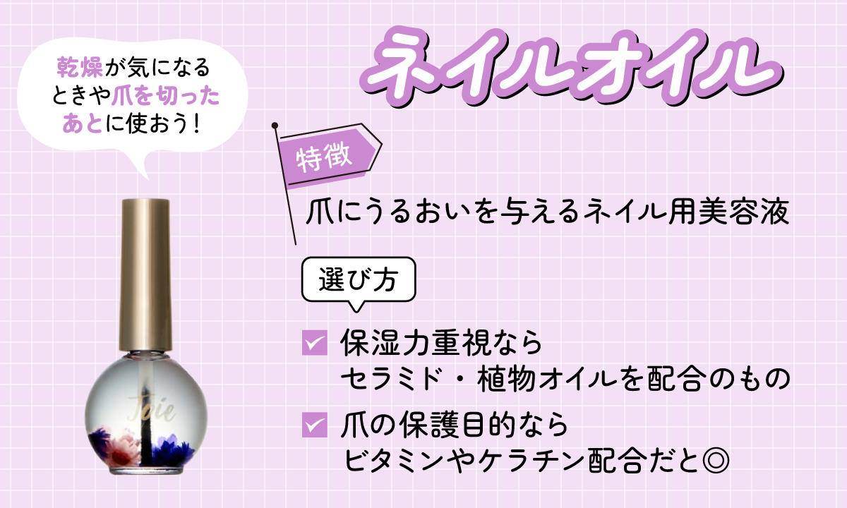 ネイルオイルは、爪にうるおいを与えるのが特徴。保湿重視ならセラミド・植物オイル配合、爪の保護目的ならビタミンやケラチン配合のものを選ぶのがおすすめ。