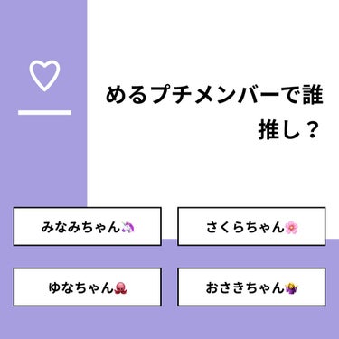 【質問】
めるプチメンバーで誰推し？

【回答】
・みなみちゃん🦄：53.3%
・さくらちゃん🌸：20.0%
・ゆなちゃん🐙：13.3%
・おさきちゃん🤷‍♀️：13.3%

#みんなに質問

====