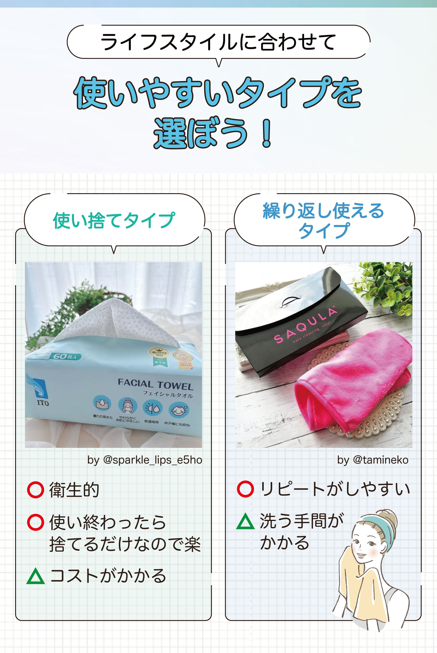 ライフスタイルに合わせて使いやすいタイプを選ぼう！使い捨てタイプは衛生的で使い終わったら捨てるだけなので楽ですがコストがかかる。繰り返し使えるタイプはリピートがしやすいが洗う手間がかかる。