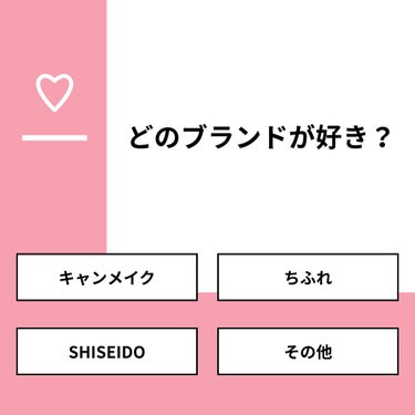 【質問】
どのブランドが好き？

【回答】
・キャンメイク：69.2%
・ちふれ：7.7%
・SHISEIDO：7.7%
・その他：15.4%

#みんなに質問

===================