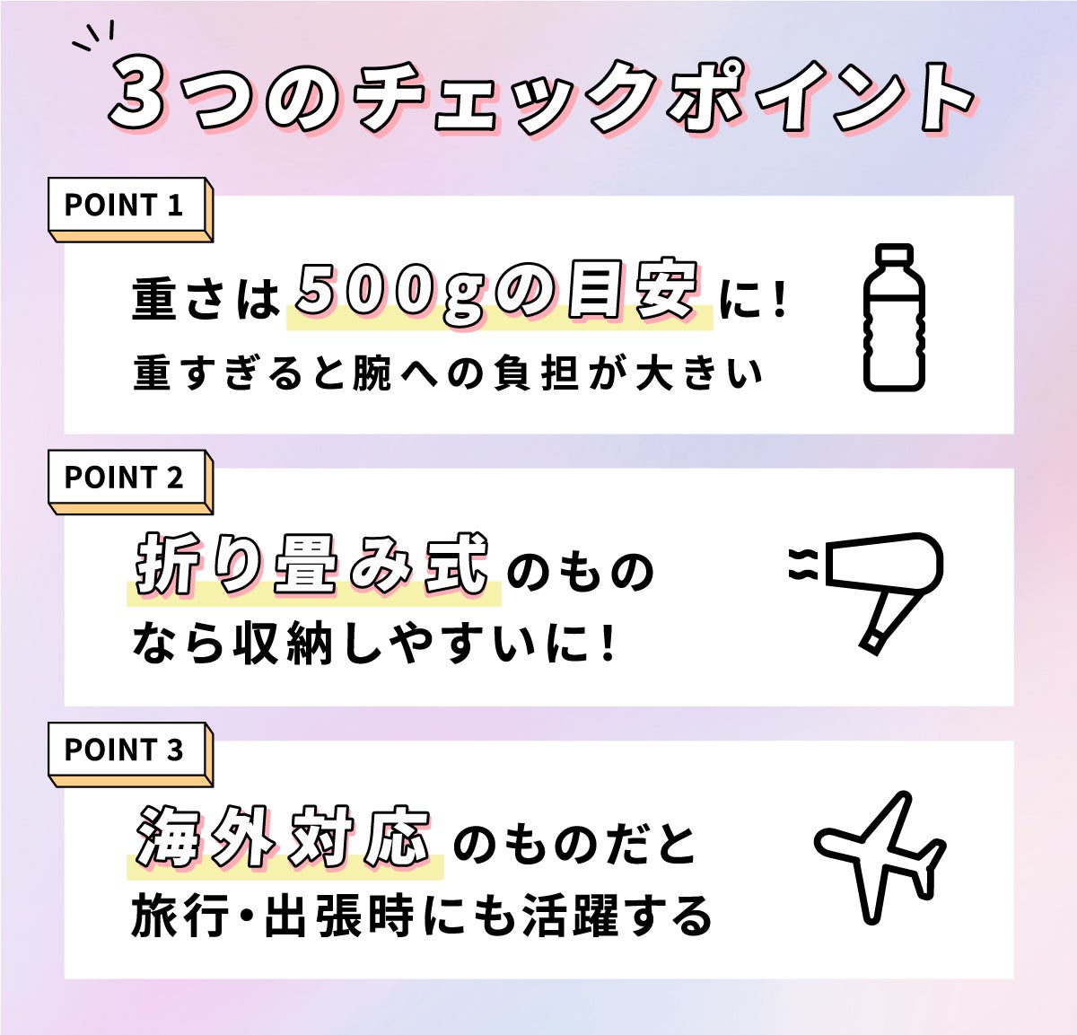 3つのチェックポイント。1つめは、重さは500gを目安に！重すぎると腕への負担が大きい。2つめは、折り畳み式のものなら収納しやすい。3つめは、海外対応のものだと旅行・出張時にも活躍する。