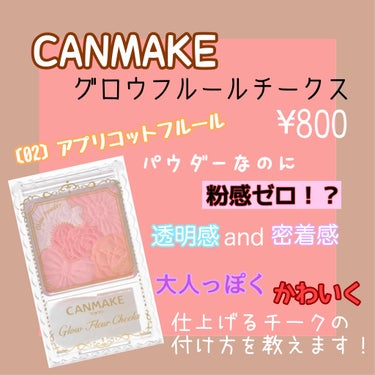 《CANMAKE グロウフルールチークス》

〔02〕アプリコットフルール
　　　　透け感のある血色系コーラル　　¥800+tax

────────────────

☆毛穴を目立ちにくく、透明感のある肌に

☆キレイな発色を長時間キープ

☆美容保湿成分配合

これ1つで5種類の色が入ってるので、気分によって、
微妙に雰囲気を変えれたりできるので、とっても便利！！

────────────────
写真を見ると分かりやすいです！
⸜🌷︎⸝‍大人っぽく仕上げたい
骨格引き締め！
1⃣ほっぺの内側に逆三角形にAを塗ります

2️⃣ブラシに残ったチークをそのまま、ほお骨ににそって外側にスーッと伸ばす。

⸜🌷︎⸝‍かわいく仕上げたい
まんまる塗り！
1⃣笑った時に高くなる部分に丸くAを塗る。
ブラシに残ったチークはそのまま下に足す

2️⃣ほっぺの1番高い部分にBを塗り、ふんわりほてったようなほっぺに

────────────────

これ1つで何パターンもできるので、オススメ✨

最後まで見ていただいてありがとうございました！



 #LIPSベストコスメ2019  #メイク動画  #リピートコスメ  #映えコスメ #チークの画像 その0