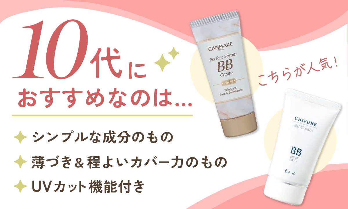10代におすすめなのは、シンプルな成分のもの、薄づき&程よいカバー力のもの、UVカット機能付き。