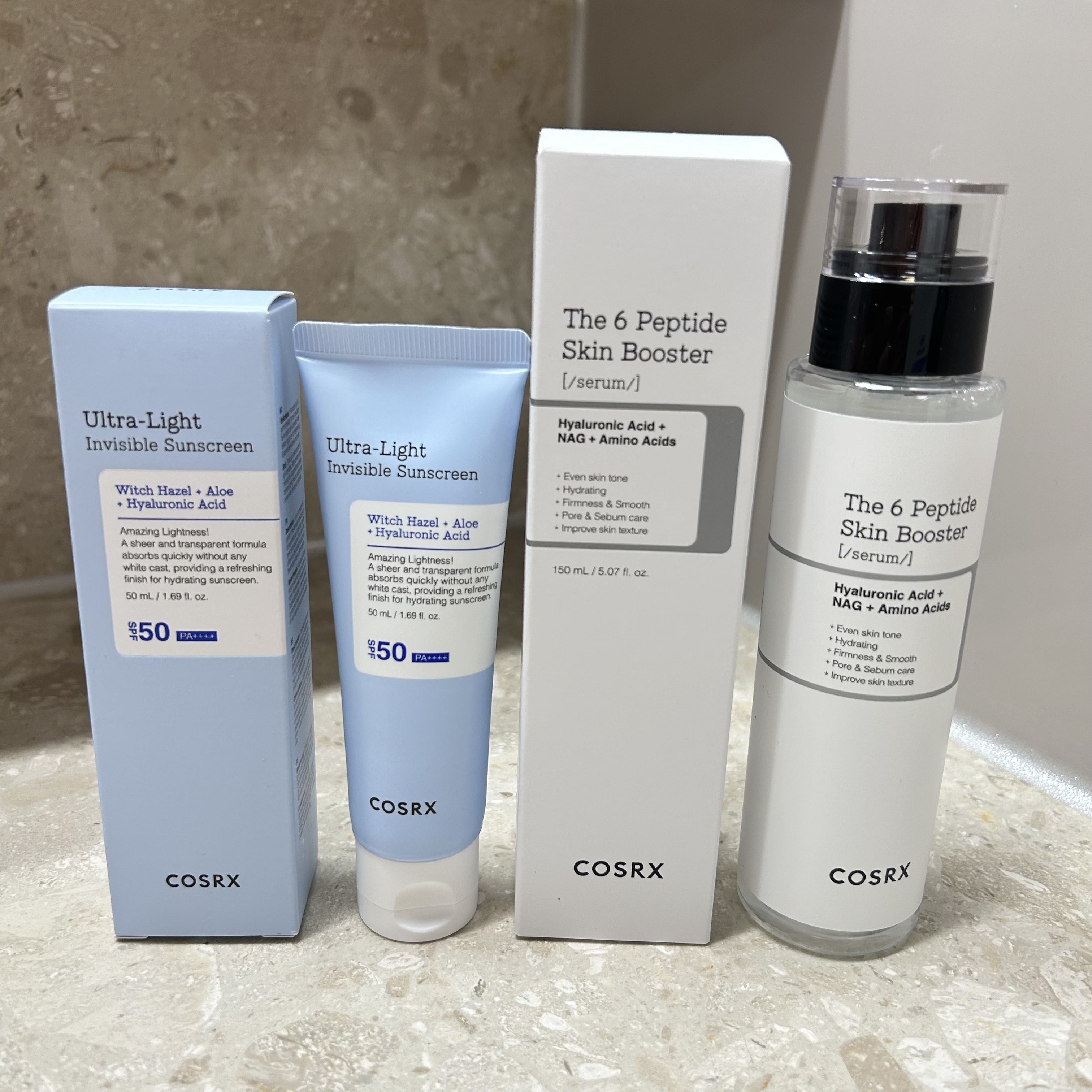 【使った商品】

COSRX　RXザ・6ペプチドスキンブースターセラム

【使用感】

プッシュボトルなので定量を出しやすくて気に入っています。
私は全顔3-4プッシュ使用。
少しとろみのあるテクスチャーでスーッと伸びてお肌に浸透もいい感じ