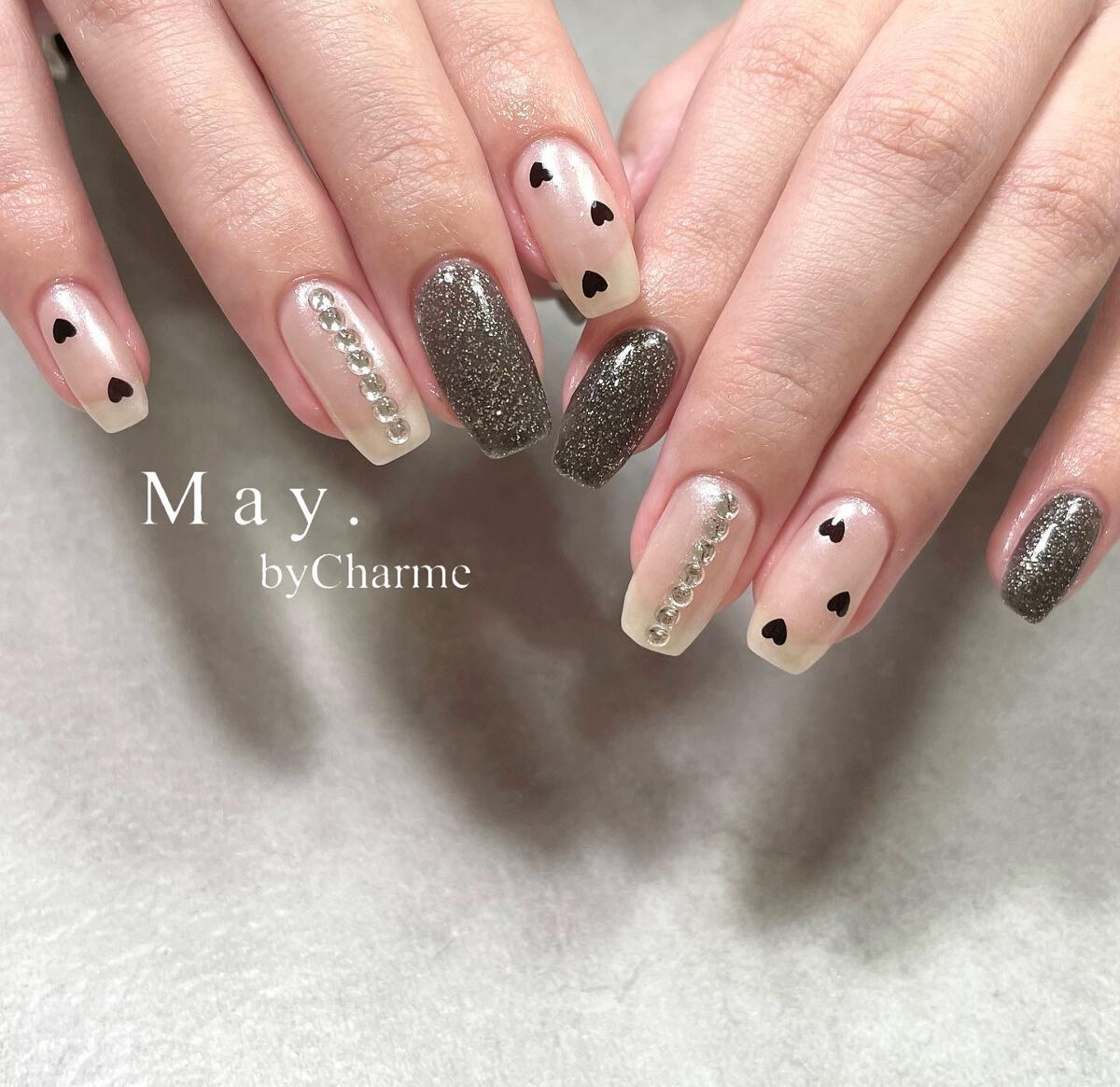 #バレンタインネイル,#ブラックネイル,#ハートネイル,#韓国ネイル,#西田辺ネイル,#天王寺ネイル,#ハートホロネイルのネイルデザイン