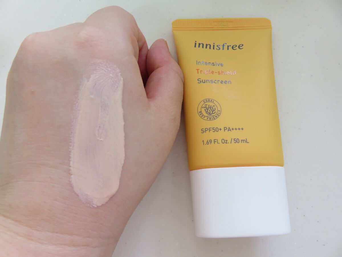 innisfree インテンシブ トリプルケア サンスクリーンのクチコミ「
オレンジのパッケージは中身白いかと思ってたら、ピンクベージュだった！リニューアルしたのかな？.....」（2枚目）