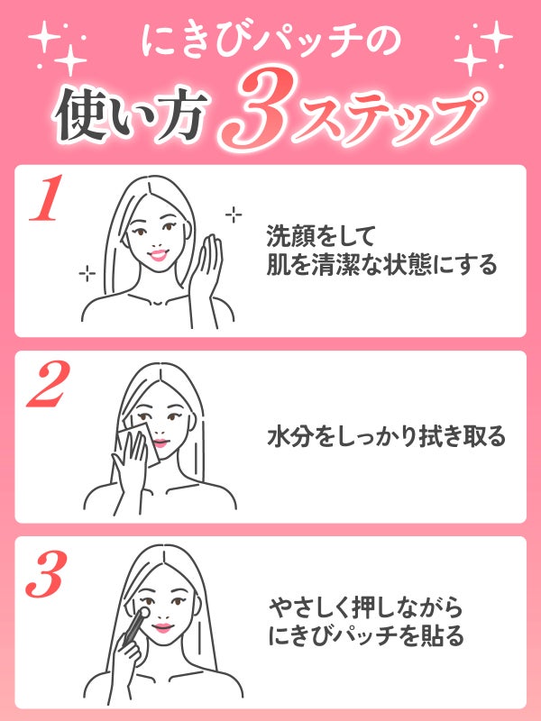 にきびパッチの使い方3ステップ。1. 洗顔をして肌を清潔な状態にする。2. 水分をしっかり拭き取る。3. やさしく押しながらにきびパッチを貼る。