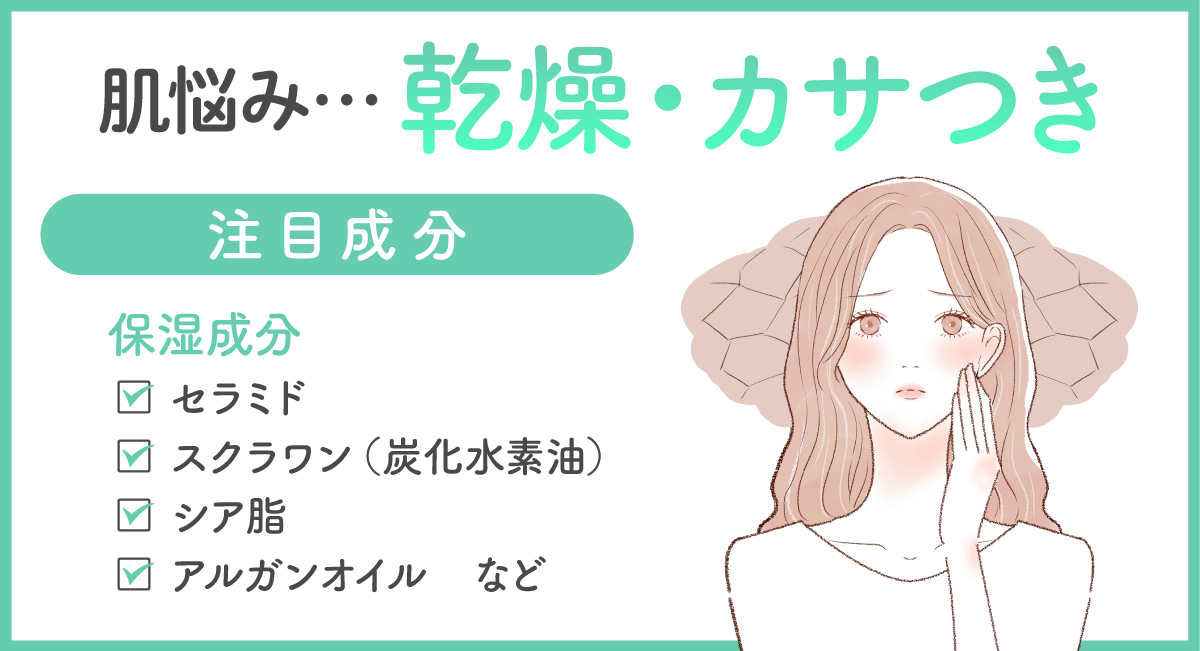 乾燥やカサつきが気になるならセラミド・スクラワン（炭化水素油）・シア脂・アルガンオイルなどの保湿成分が配合されたものを選びましょう。