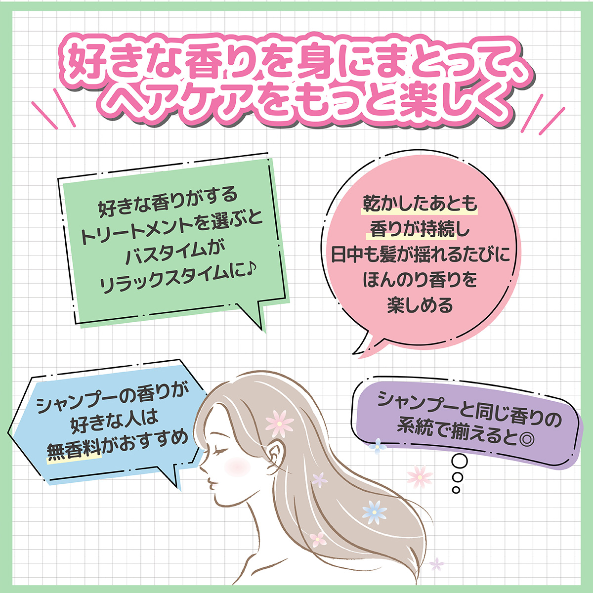 好きな香りを身にまとって、ヘアケアをもっと楽しく。好きな香りがするトリートメントを選ぶとバスタイムがリラックスタイムに♪ シャンプーと同じ香りの系統で揃えると◎。 シャンプーの香りが好きな人は無香料がおすすめ。乾かしたあとも香りが持続し日中も髪が揺れるたびにほんのり香りを楽しめる。