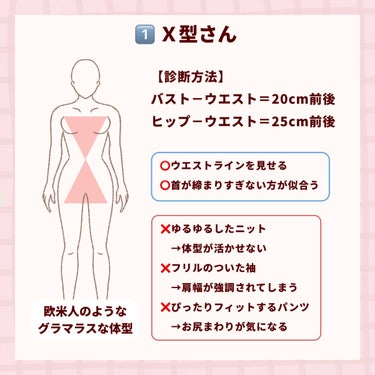 

　＼ 簡単！体型診断 ／


　すぐにわかる体型診断です🙌🏻

　どれに当てはまるか、探してみてください！

　┈┈┈┈┈┈┈┈┈┈┈┈┈┈


　①バスト－ウエスト＝20cm前後、
　　ヒップ－ウエスト＝25cm前後の人

　②肩幅（直線の長さ）－ヒップ（直線の長さ）＝
　　5cm以上ある人

　③ヒップ－ウエスト＝20cmよりも小さい人

　④ヒップ（直線の長さ）－肩幅（直線の長さ）＝
　　5cm以上ある人

　⑤ヒップ－下腹部＝5cmよりも小さい人



　①に当てはまる人は、Ｘ型さん。
　グラマラスで欧米人のような、メリハリのある体型です。

　②に当てはまる人は、Ｖ型さん。
　かっこいい雰囲気のある、アスリートのような体型です。

　③に当てはまる人は、Ｈ型さん。
　メリハリの少ない、モデルさんに多い体型です。

　④に当てはまる人は、Ａ型さん。
　上半身がすらっと華奢な、日本人に多い体型です。

　⑤に当てはまる人は、Ｏ型さん。
　ダイエットによって他のタイプに変わる体型です。


　┈┈┈┈┈┈┈┈┈┈┈┈┈


　体型によって似合う服などがわかるので、

　ぜひ参考にしてもらえると嬉しいです！


　コスメ以外の情報は⏬
　#ぽん_ダイエットスキンケア知識まとめ






　#体型診断 #診断 #骨格診断 #骨格スタイル診断 #垢抜け #似合う #痩せたい #ダイエット #韓国アイドル #シンデレラ体重 #可愛くなる方法 #垢抜ける方法 #あか抜け宣言 #似合う服の画像 その1