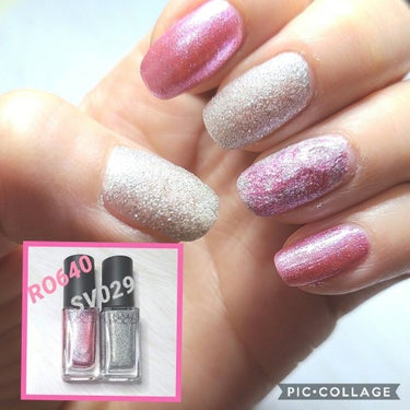 ピンク×シルバーネイル💅

💟ネイルホリック　SV029        RO640フューチャーメタル

⭐親指、中指(SV029)      人差し指、小指(RO640)
ベースを塗って一度塗り。
トップコートで仕上げ。

⭐薬指
ベースを塗ってSV029を一度塗りしてから、竹串を使って、
２色をマーブルに。
トップコートで仕上げ。

今日は天気が良く、ネイルがキラキラしてます😁

#あいしゃんのネイルメモ
#キラキラ愛好会
#ネイルホリック　#フューチャーメタル
#シルバーネイル　#ピンクネイル　#マーブルネイル
#キラキラネイル　#セルフネイル　#ドラッグストア
の画像 その1